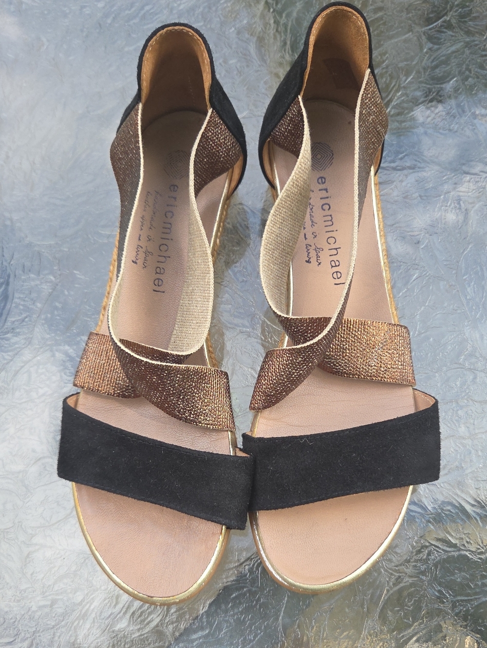 Eric Michael Black Bronze Metallic Strappy Woven Open Toe Comfy Sandals Spain 40